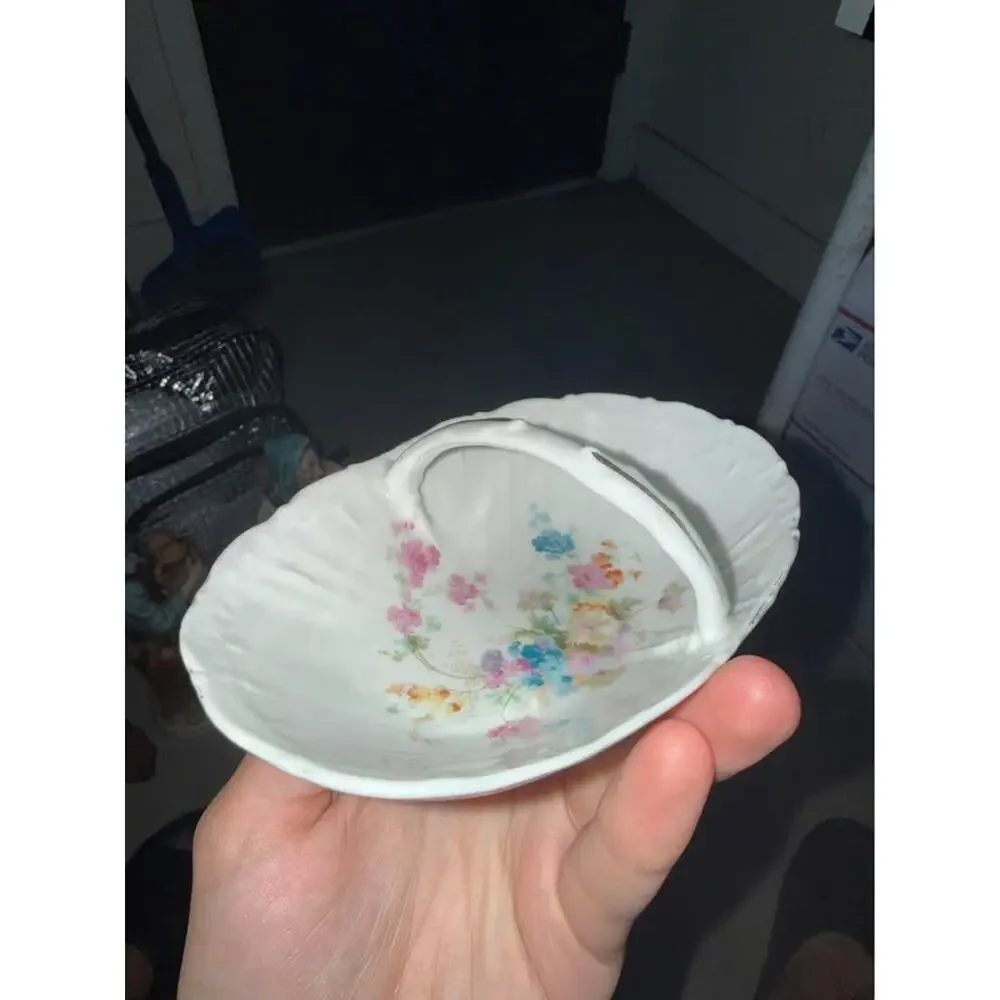 Vintage Fine China Basket With Handle, colored flower Pattern